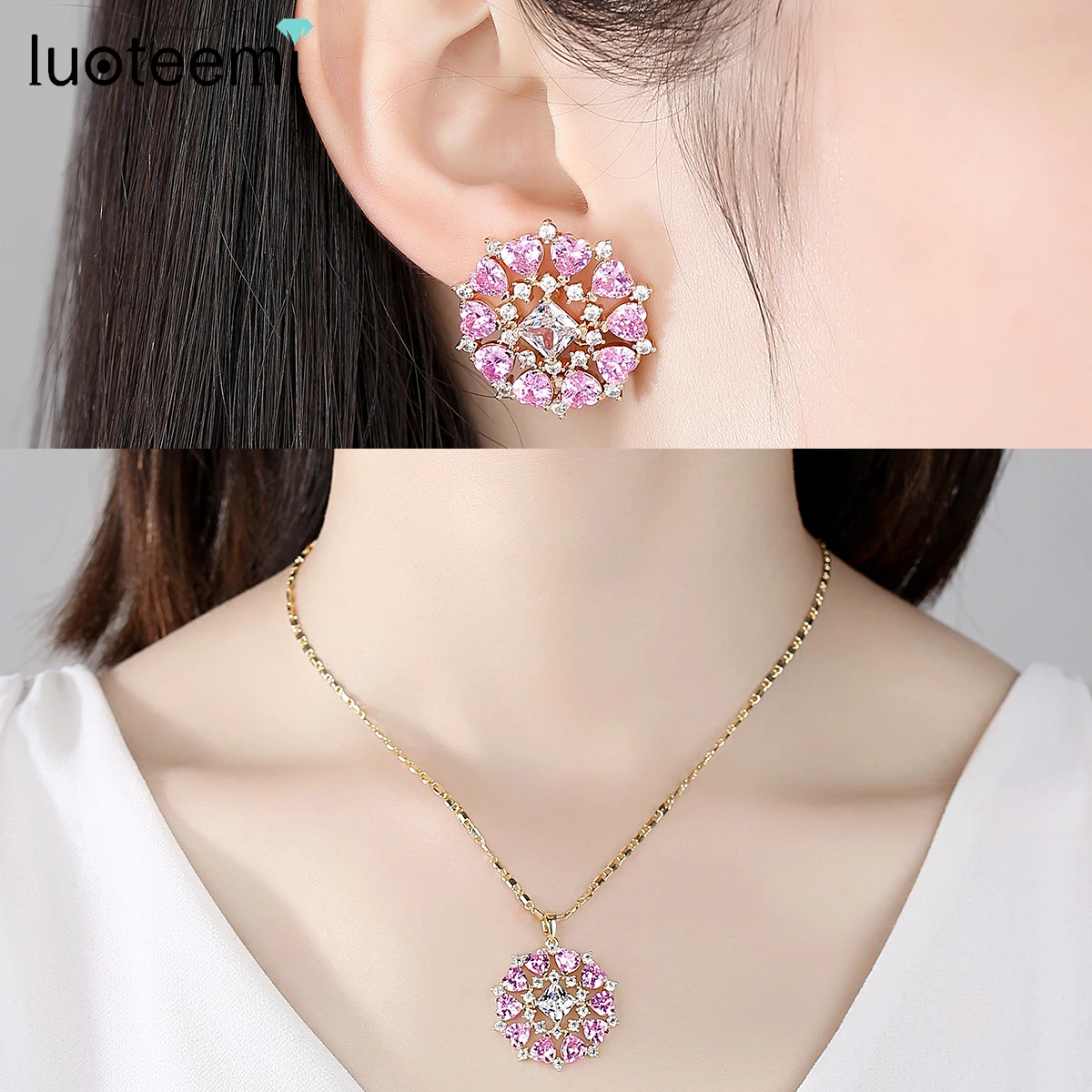 LUOTEEMI Trendy Big Pink Flower Necklace Earring Sets for Women Christmas Girl Party bijoux femme Pink Sets for Wedding Bridal