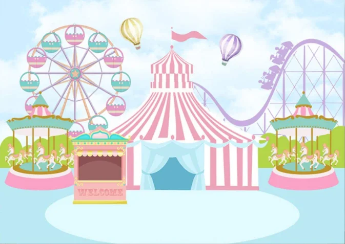 Rosa Circus Zelt Geburtstag Hintergrund Pastell Blau Karneval Karussell Fotografie Hintergrund Heißer Luft Ballon Prinzessin Mädchen Neugeborenen