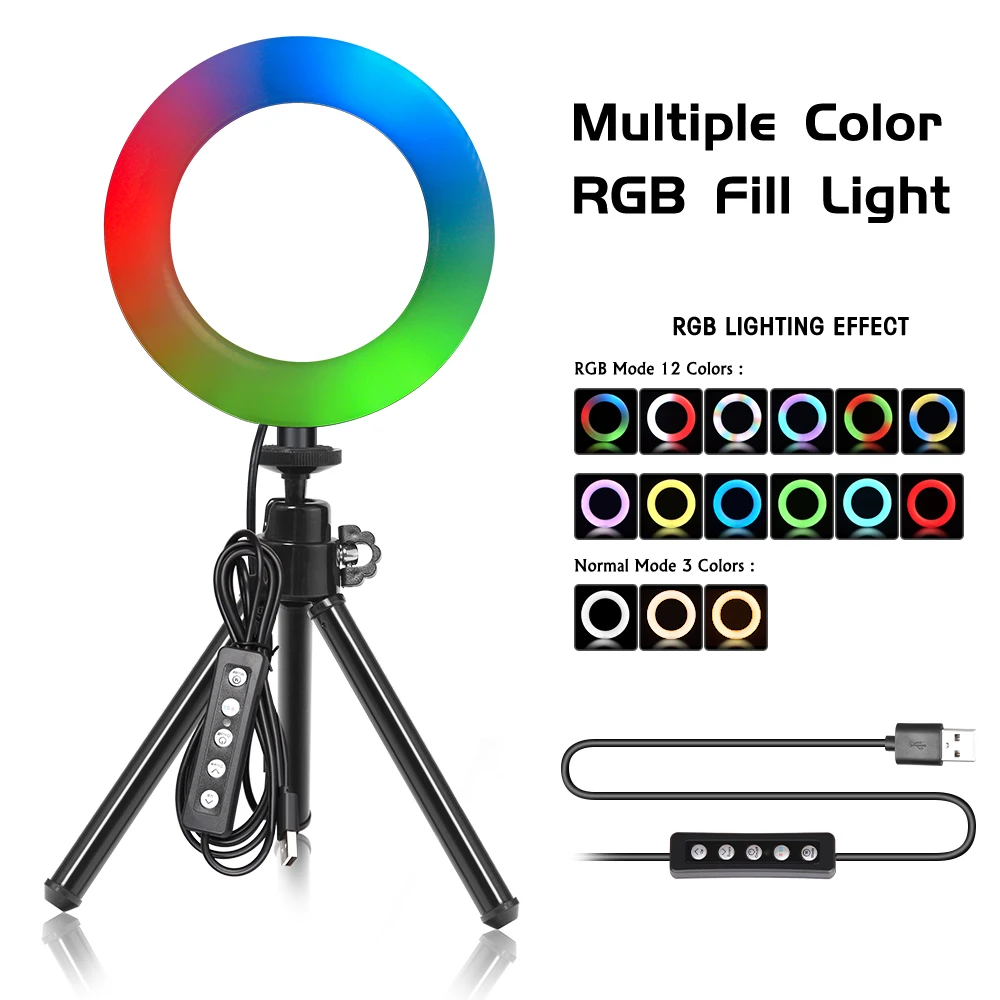 SH 6 inch Selfie RGB LED Ring Light 3000-6500K With Tripod Stand For Live Stream/Make Up/YouTube/Photography/Video Recording