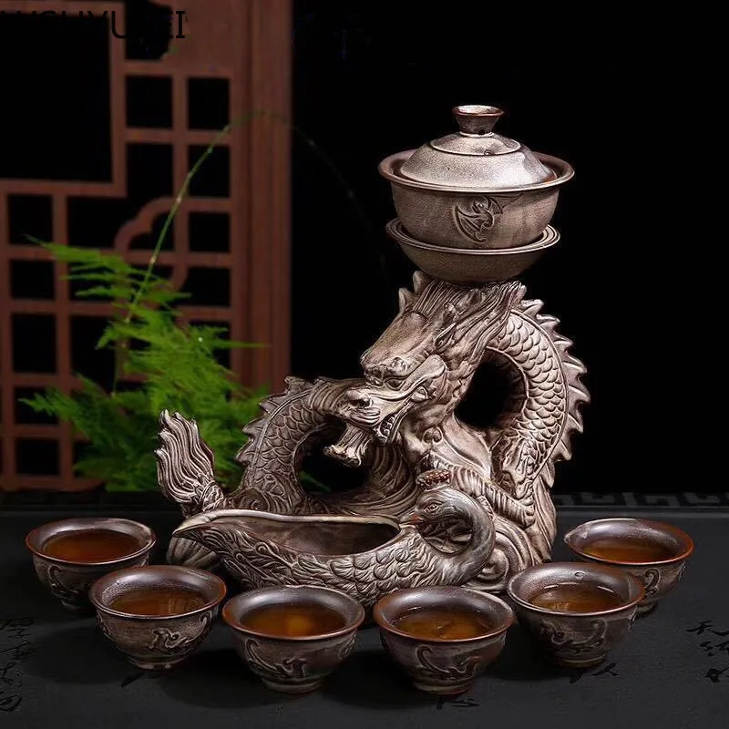 9 pcs / set Ceramics Lazy Man Tea Set Portable stone grinding semi-automatic porcelain Dragon teaware Tea ceremony supplies