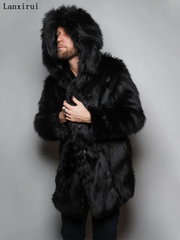 Autumn Winter Mens Faux Fur Mink Coat Short Grey Hooded Coat Plush Fluffy Coat Male  Xxxl 4xl 5xl Warm Overcoat Men