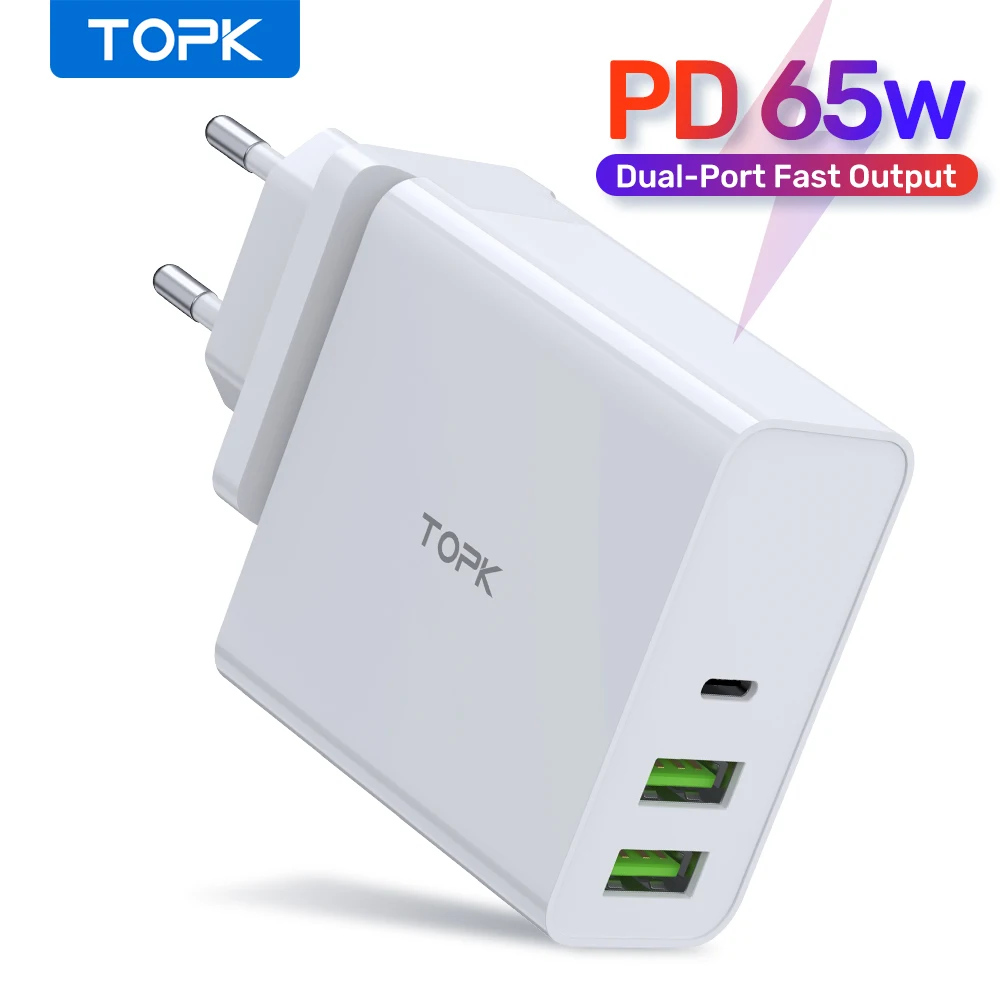 TOPK 65W PD USB Fast Charger Adapter UK EU Quick Charge 3.0 Type C USB Charger QC 3.0 for Laptop Tablet Mobile Phones