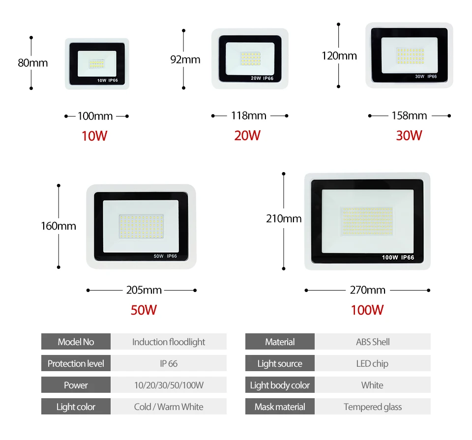 Waterproof IP66 Led Floodlight 10W 20W 30W 50W 100W Smart IC 220V White Shell Outdoor Lighting SMD 2835 For Street Spotlight