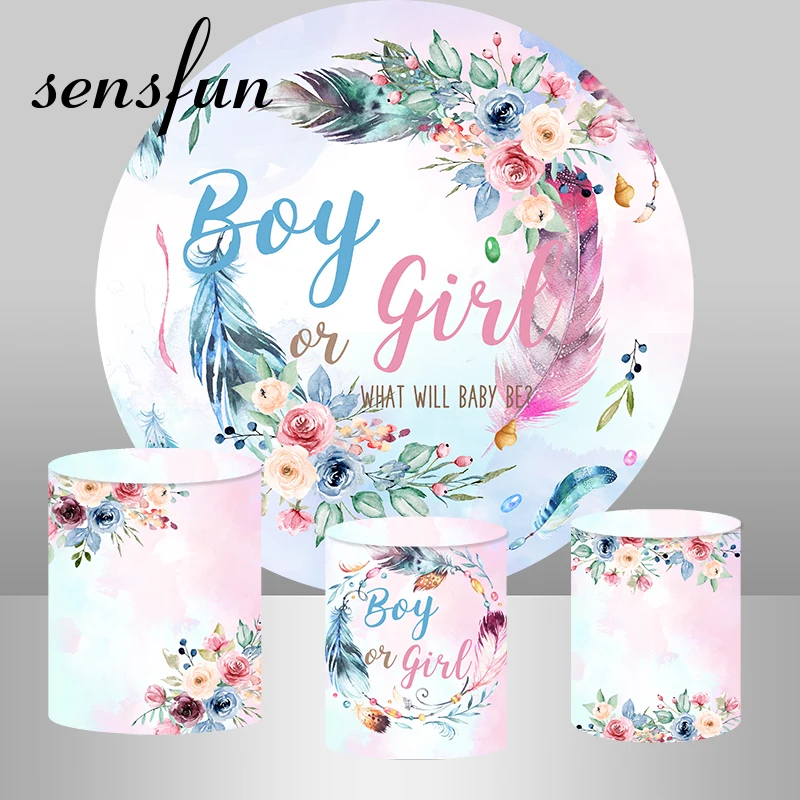 Sensfun Gender Reveal Round Backdrop Cover Flowers Feather Boy Or Girl Baby Shower Party Decoration Background Cylinder Covers