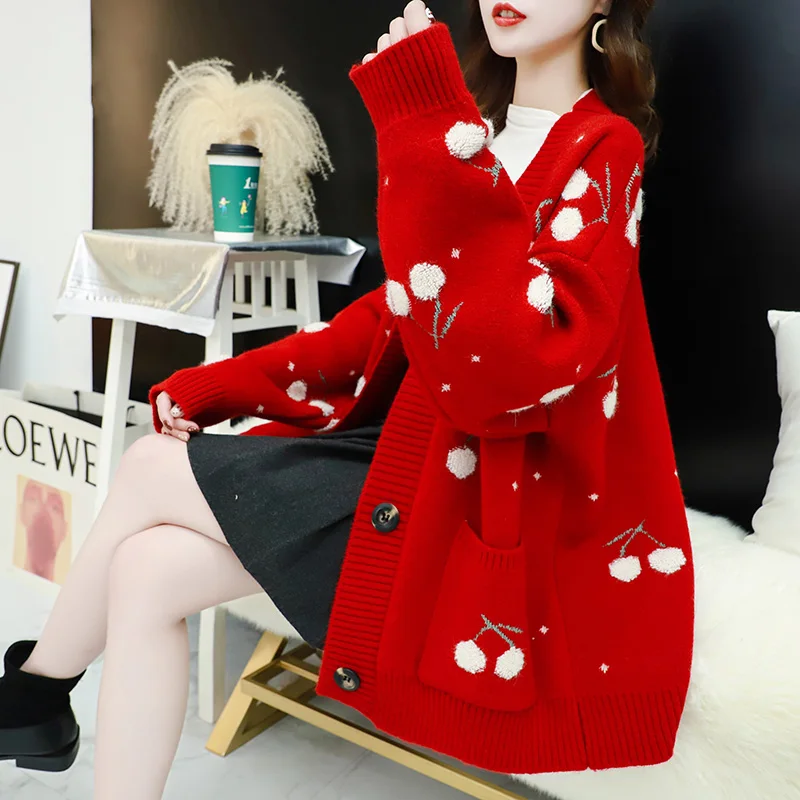 Autumn 2024 Cherries Embroidery Mid-length Cardigans Women V-Neck Long sleeve Big Pocket Knitted Sweater Coat Loose Ladies Tops