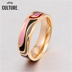 Fine Stainless Steel Rings 6mm Width Geometric Design Women Enamel Jewelry Retro Holiday Gift