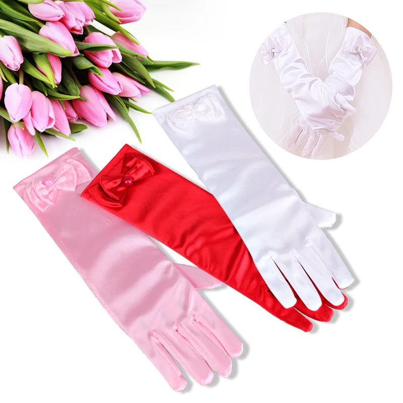 

Princess Dance Stage Long Gloves Satin Kids Girls Dress Costume Accessories with Bow Children 's Day Birthday Xmas Gifts