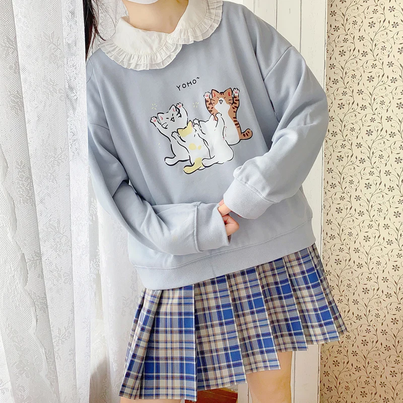 Autumn Kawaii Hoodie Teen Girls Funny Cat Cartoon Graphic Sweatshirt Women Casual Cute Printed Crewneck Long Sleeve Pullover