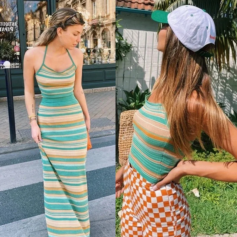 Mùa Hè Dệt Kim Váy Maxi Nữ Cao Cấp Y2K Bãi Biển Thường Ngày Bodycon Váy Boho Thanh Lịch Nghỉ Đảng Xanh Lá Sọc Dài Váy