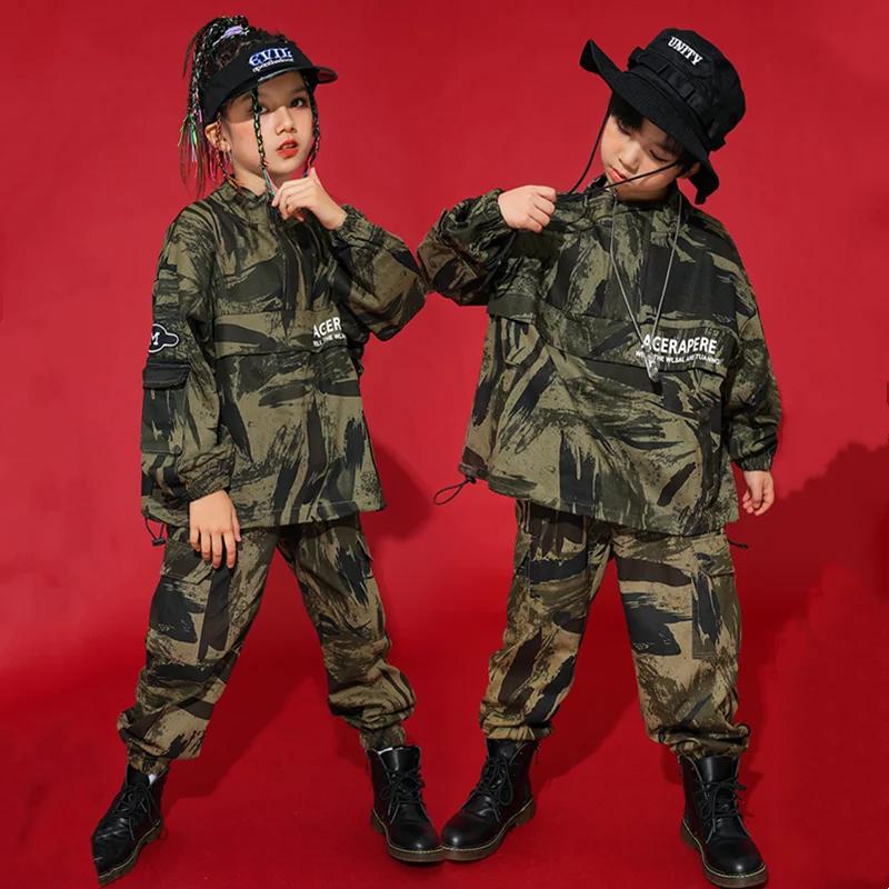 Girls Hip Hop Camouflage Top Jacket Boys Military Cargo Pants Clothes Sets Child Sweatshirt Street Dance Kids Streetwear Joggers