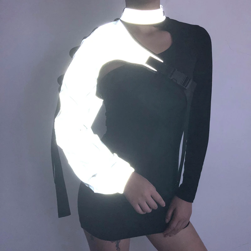 Reflective Smock One Sleeve Sweatshirt Women Buckle Fashion Loose Casual Crop Top Streetwear Neon Halter Patchwork Cuteandpsycho