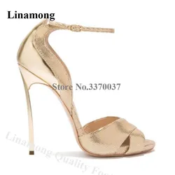 Linamong Designer Open Toe Gold Silver Metal Stiletto Heel Sandals Pattern Leather Strange Heel Sandals Wedding Dress Shoes