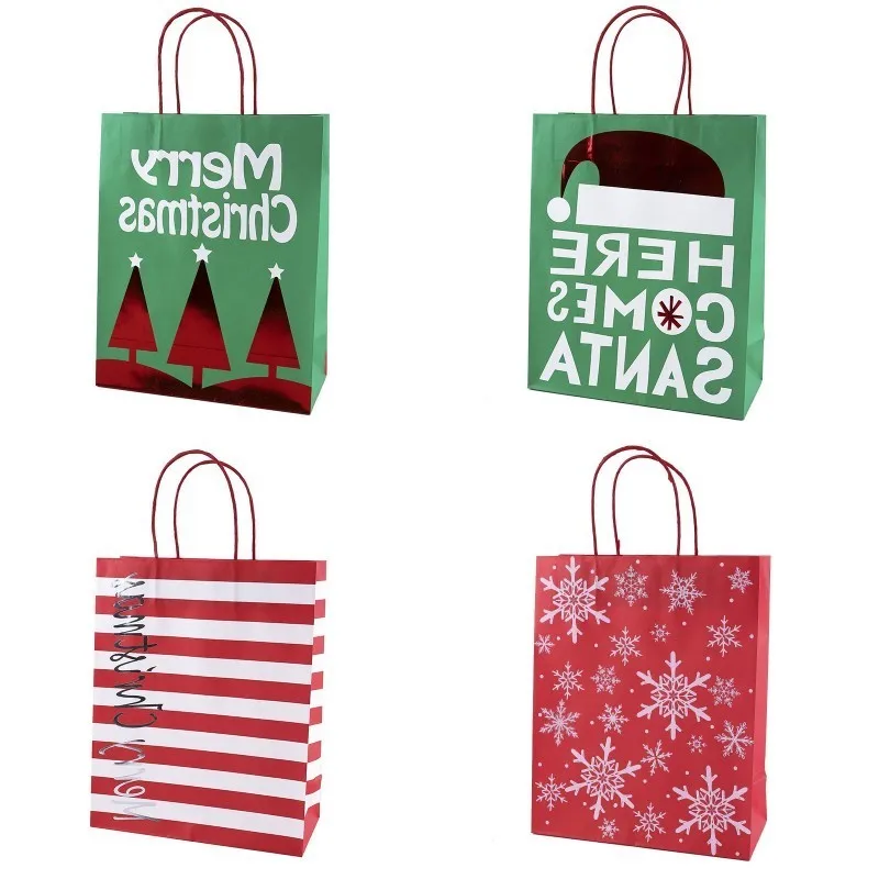 400pcs/lot Christmas Gift Bags Here Comes Santa Kraft Paper Bag with Handle Merry Christmas Gift Storage Pouch Wholesale