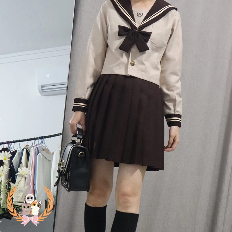 2Pcs Japanese School Uniform Women JK Suit Girl Sailor Outfit Long Sleeve Shirt V-Neck Cosplay High College Top+Skirt+Bow New