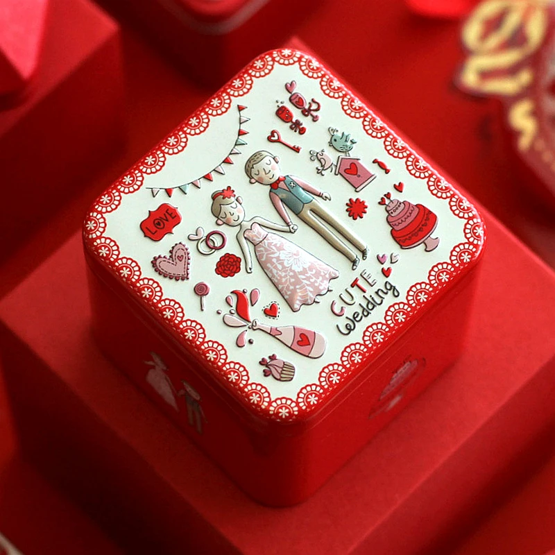 X20 3D Wedding Souvenir Gifts Candy Can Square Iron Box Happy Candy Box Lovely 7.5*7.5*6.5CM Candy Box Gift Box