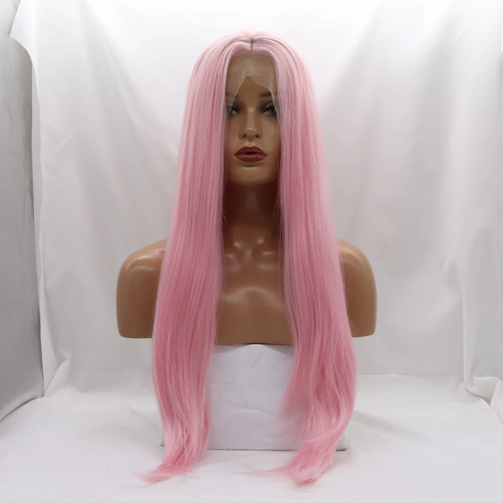 Long Straight Pink Lace Front Wigs Middle Part Soft Wig Heat Resistant Fiber Cosplay Makeup Synthetic Wigs for Women 24 Inches