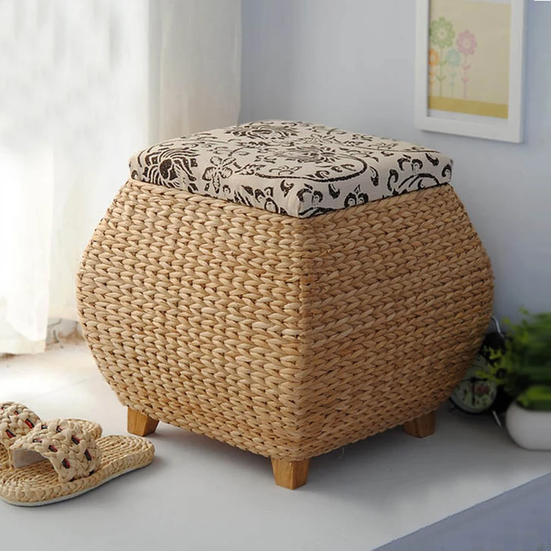 Rattan Woven Storage Stool with Cover, Hallway Bench Pouf, Wooden Chair, Shoe Changing Stool, Kitchen Stools, Storage Box