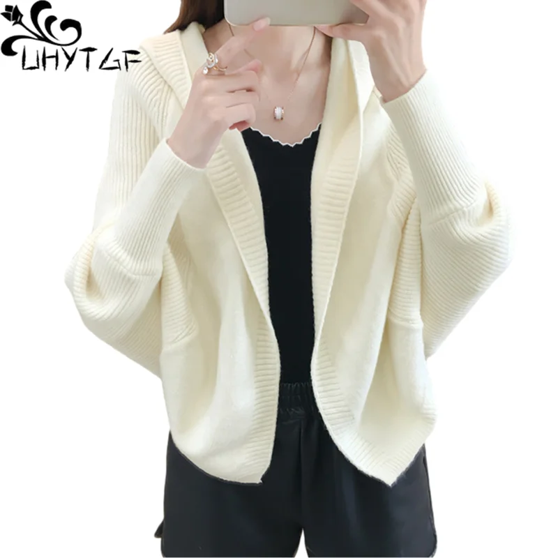 

UHYTGF New Short Cardigan Knitted Spring Autumn Sweaters Women Shawl Coat Female Bat Type Hooded Cardigan Sweater Outerwear 742