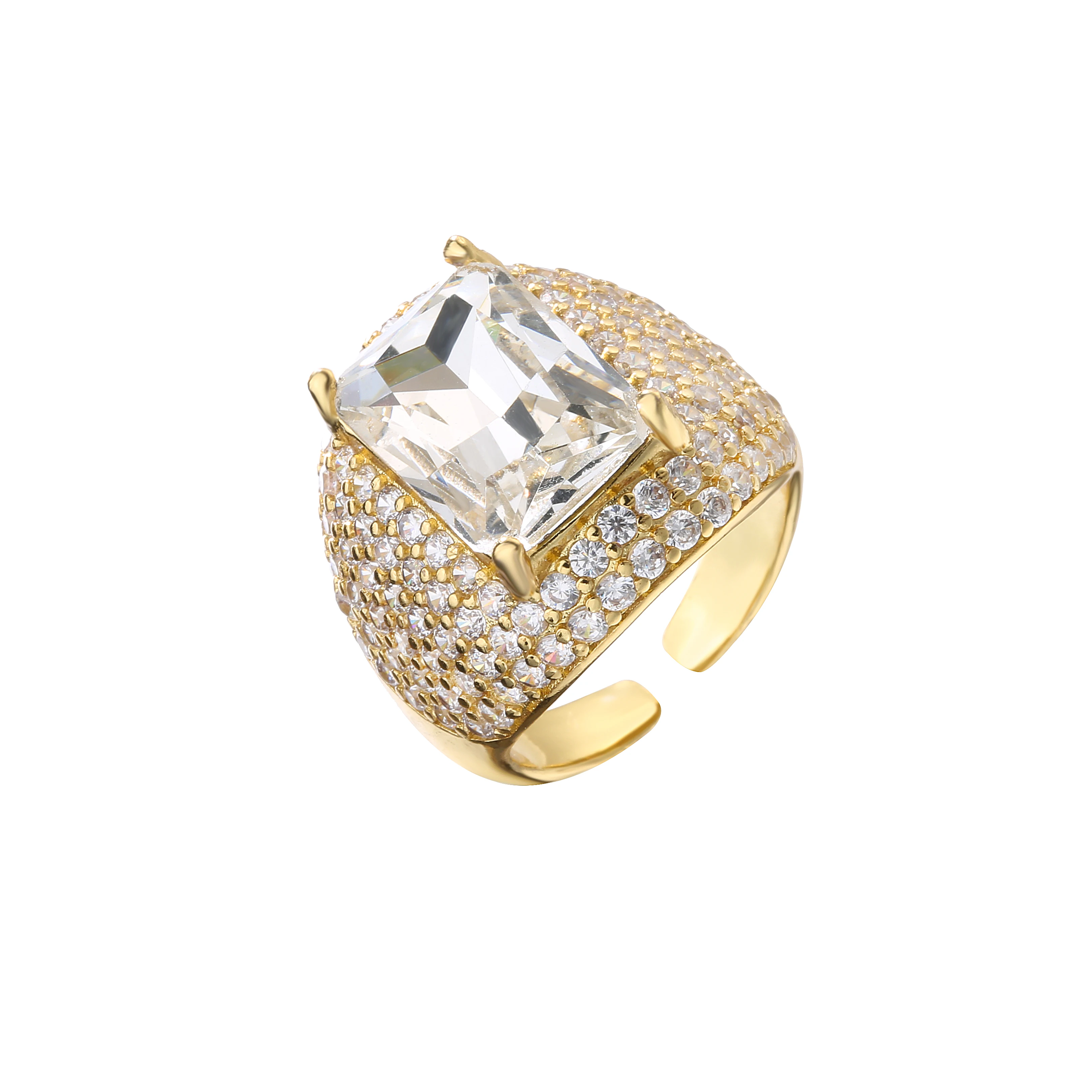 18K Gold Plated Brass CZ Statement Ring For Women Multicolor Cubic Zirconia Inlaid Adjustable Open Cocktail Jewelry Gift