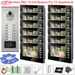 For 12 Apartments Door Station For Video Intercom Video Doorbell With White Or Black Monitor Access Control 7 inch Home Intercom