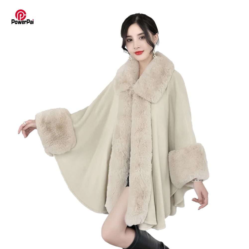 Soft Luxury Faux Rabbit Fur Coat Cape Long Winter Women Wide Turndown Collar Overcoat Knit Cardigan Party Cloak Shawl Big