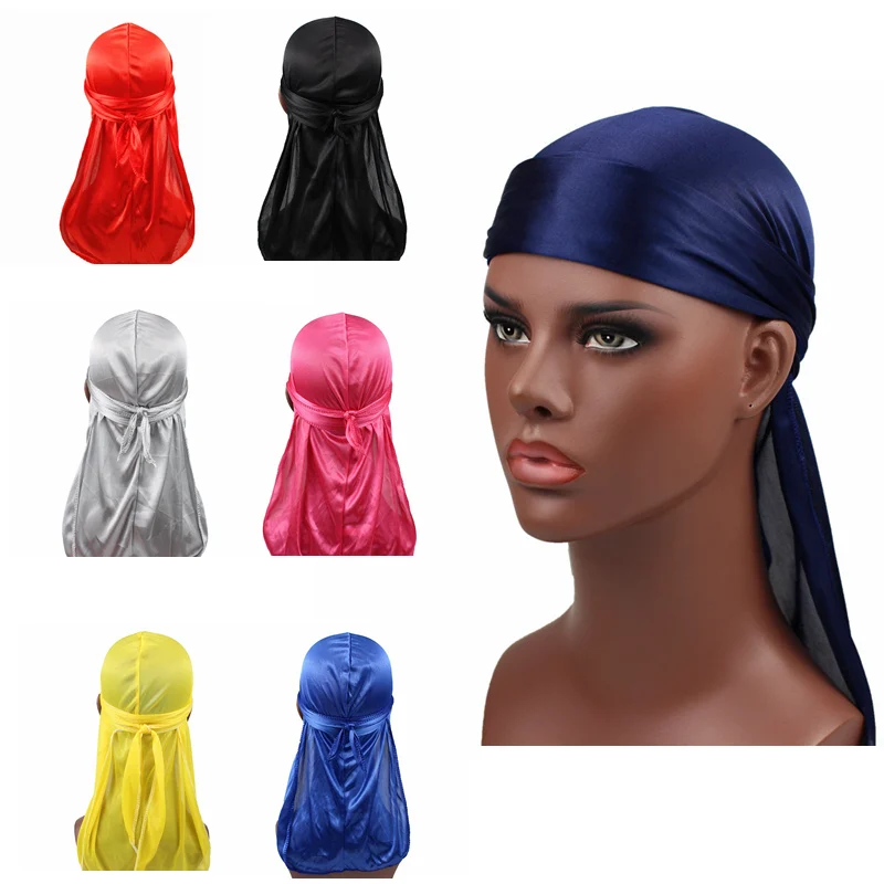 Unisex donna uomo seta Durag parrucche Biker Durag per uomo fascia accessori per capelli cinghie a coda lunga Bandana cappello da donna Durag setoso