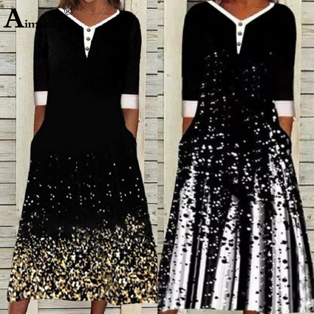 Women Elegant Fashion Mid-Calf Dress 2022 Spring Half Sleeve Button Party Dresses Oversized 5xl Femme Vintage Dots Printed Dress