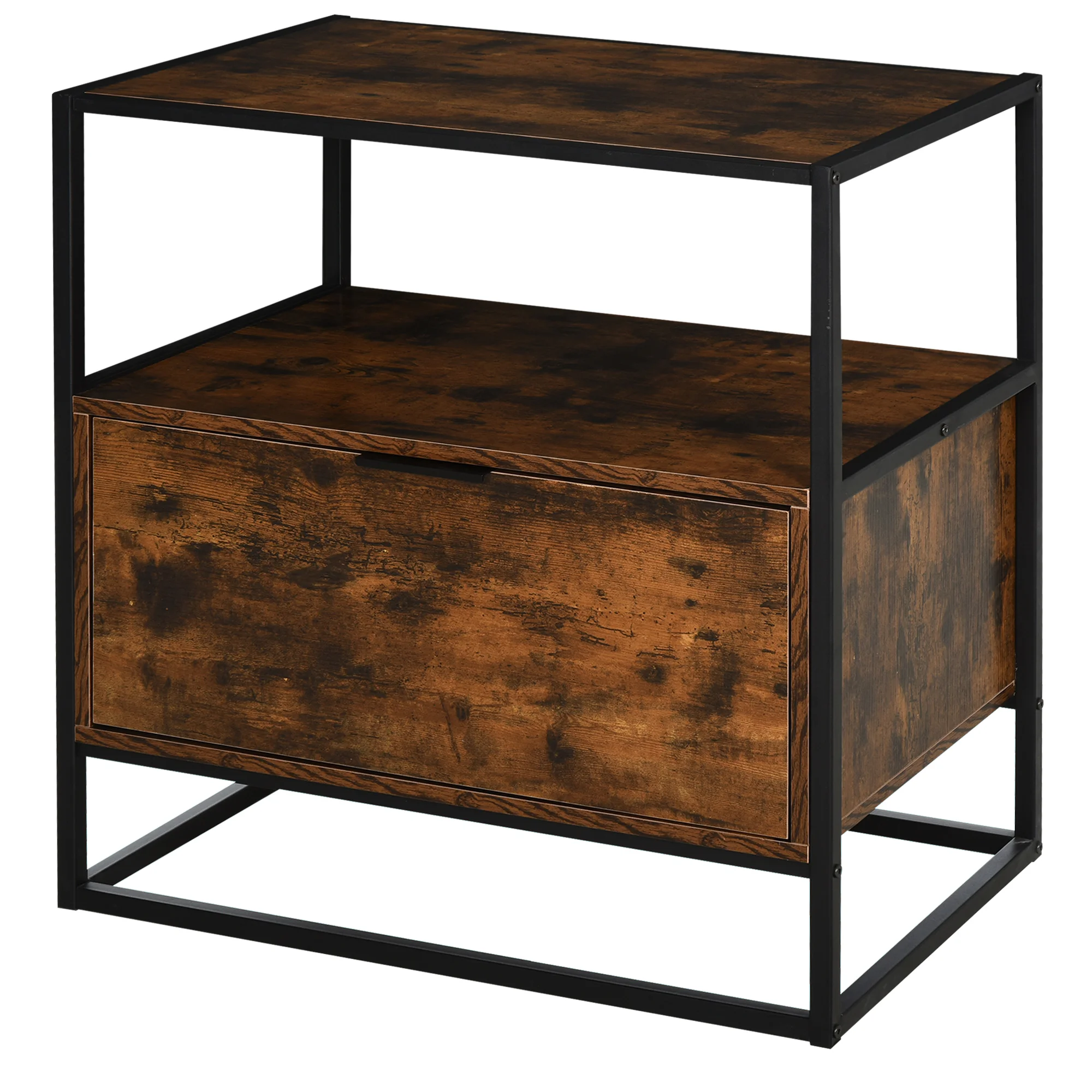 HOMCOM Large Drawer Retro Industrial Side Table Spacious Open Shelf Metal Frame 73x45,5x76 cm Rustic Brown