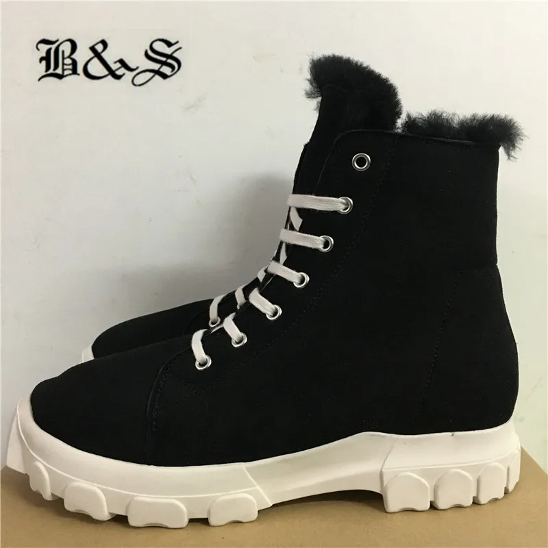 

Black& Street Winter Real Fur inner genuine Leather warm Boots trainer lace Up platform unisex Boots