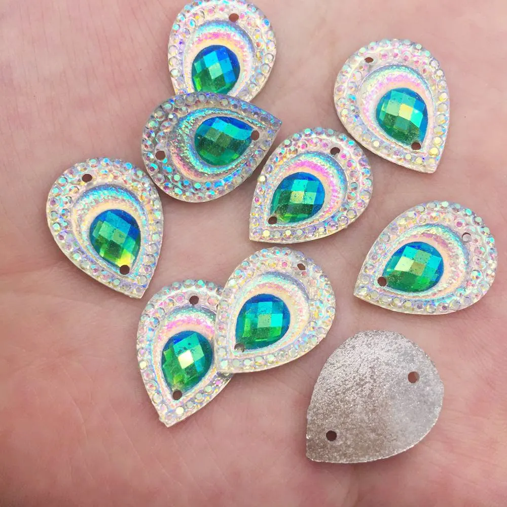 40pcs AB Resin 13*18mm Bling Drop Peacock eye Flatback Rhinestone Ornaments DIY Wedding 2 Hole Appliques Craft SF956*2