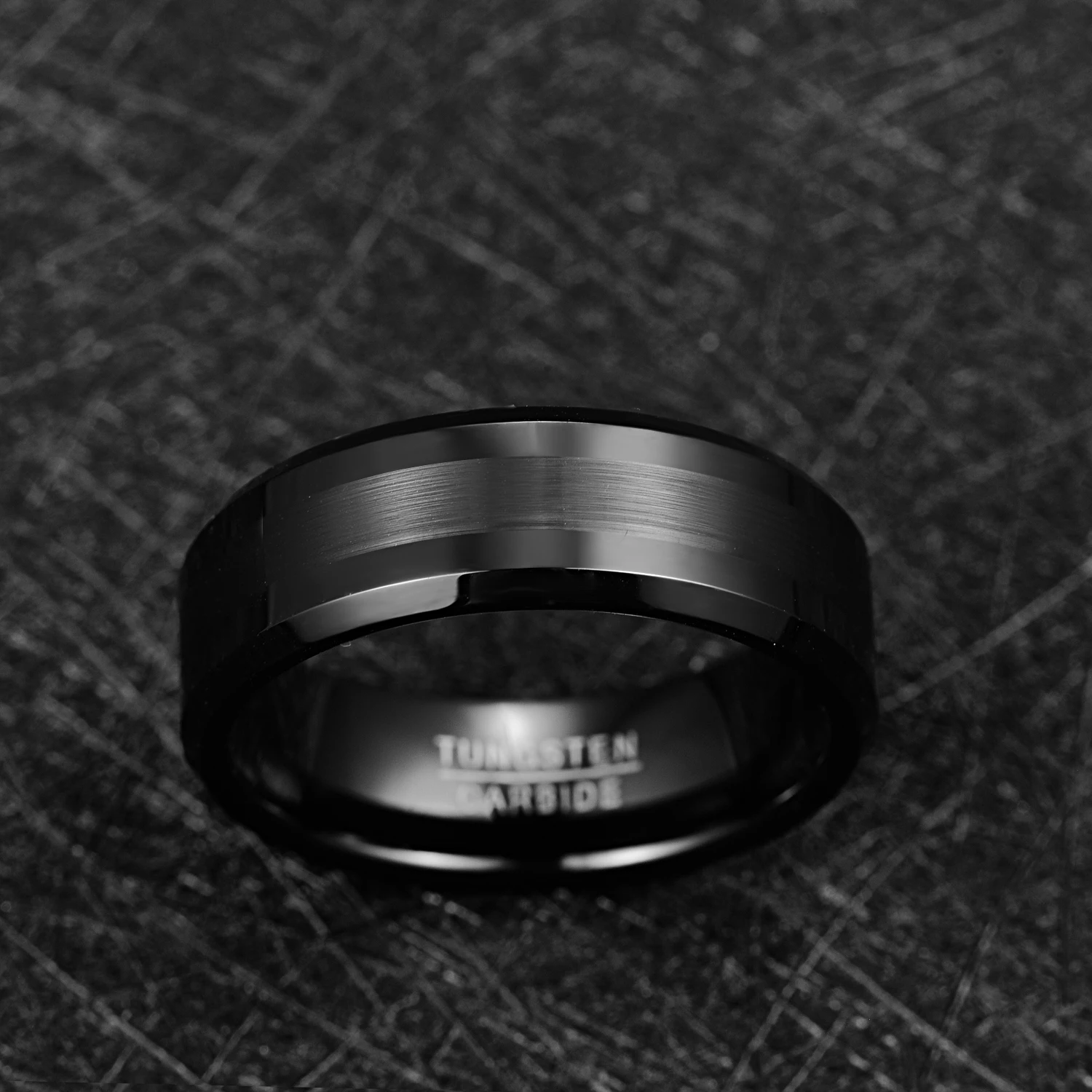 NUNCAD 8mm Tungsten Carbide Black Wedding Engagement Band Brushed Center Men\'s Ring Beveled Edge Comfort Fit Size 7-12 T018R