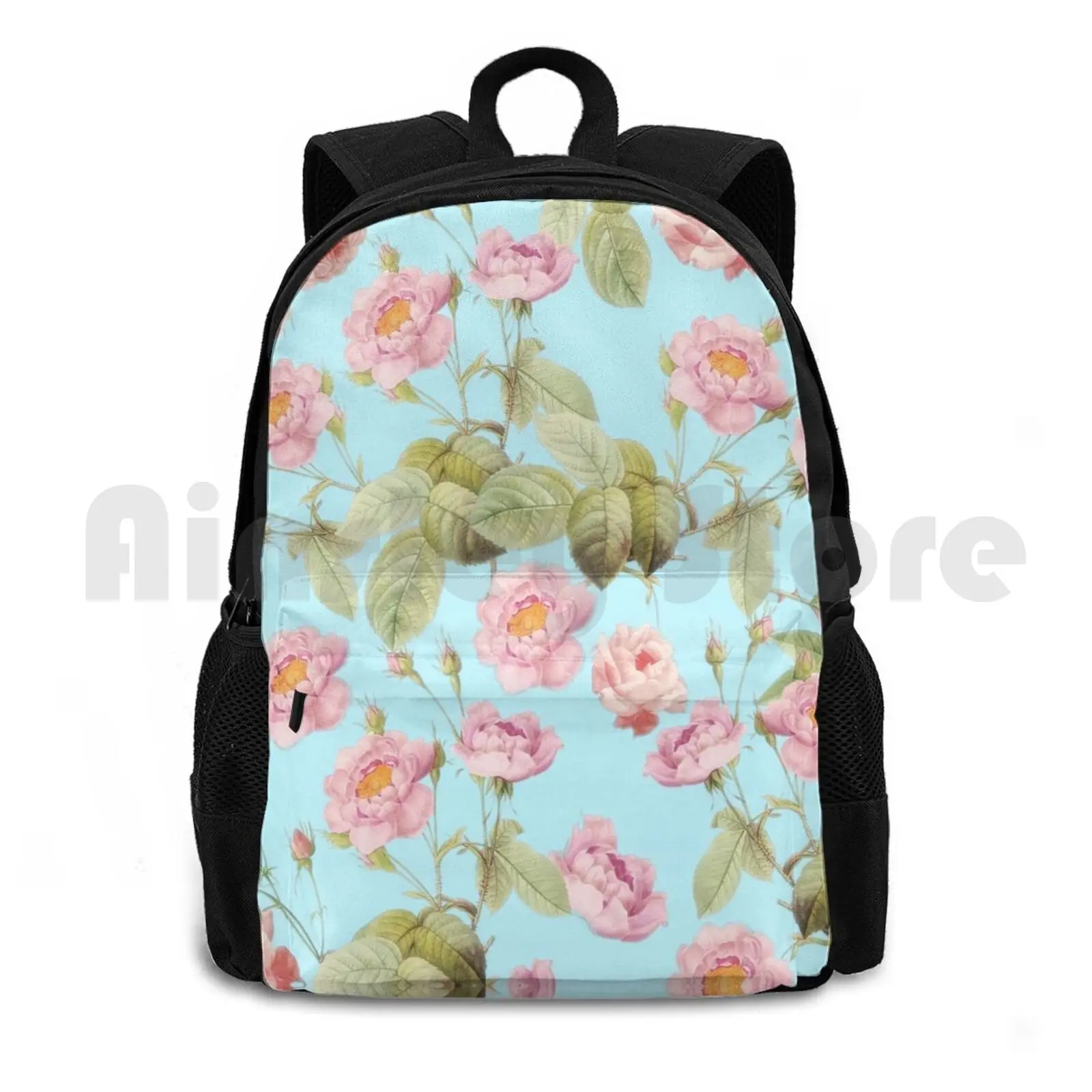 

Old Vintage Roses On Teal Pattern Outdoor Hiking Backpack Riding Climbing Sports Bag Blossom Spring Flower Pink Nature Season