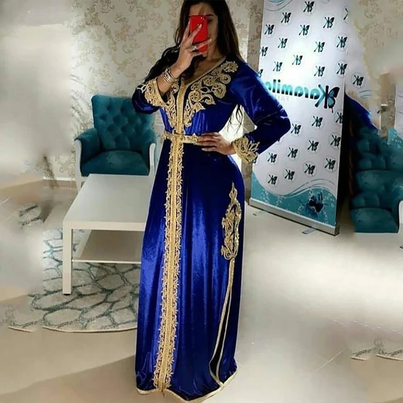 

Blue Moroccan Kaftan Caftan Muslim Evening Dresses A-line V-neck Long Sleeves Appliques Dubai Arabic Turkey Abaya Islamic Gown