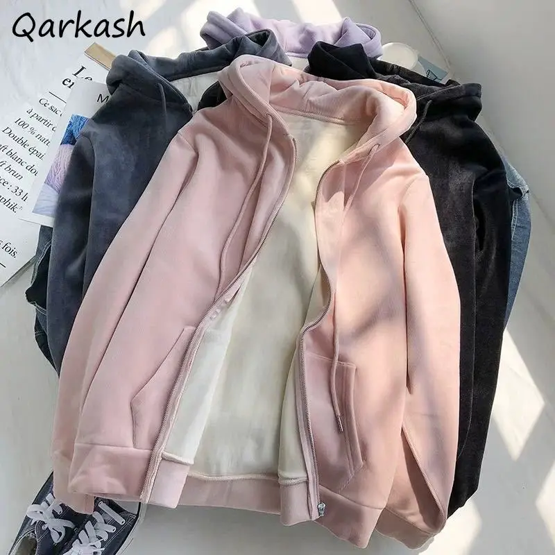 

Hoodies Women Zip-up Pockets Thickening Autumn Warm Students Minimalist Ulzzang Loose All-match Daily 4 Colors Classic Ladies