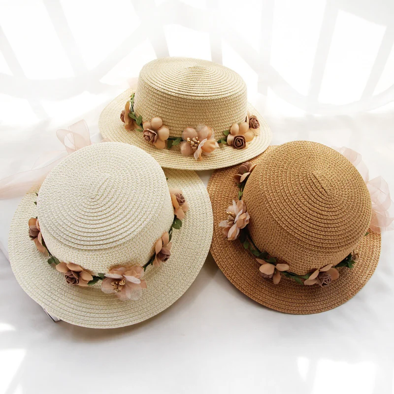 New Parent-child Summer New Women\'s Sun Hat Bucket cap beige lace Bowknot Flowers Ribbon Flat top Straw Hat Beach Caps Panama