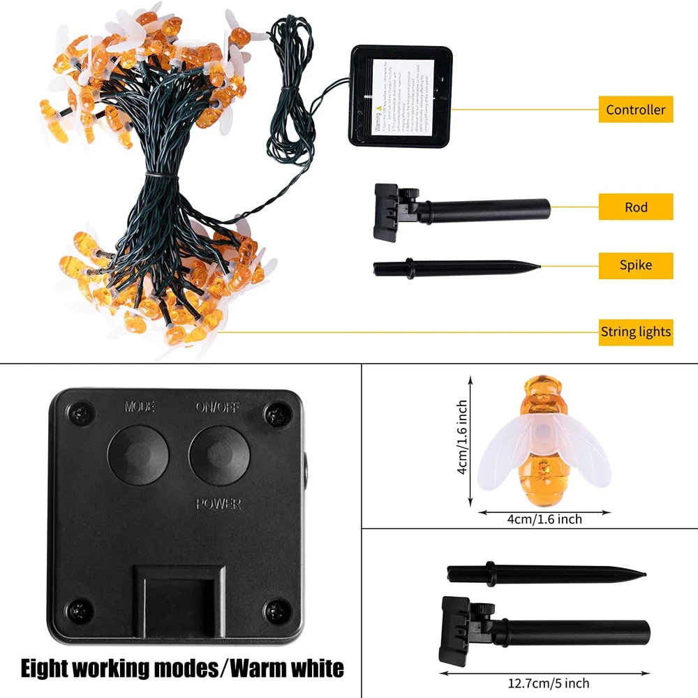 Đèn LED Năng Lượng Mặt Trời Ong Dây Đèn Câu Chuyện Cổ Tích Đèn 20/50/100LED Chống Nước Ngoài Trời Sân Vườn Sân Giáng Sinh Garland đèn