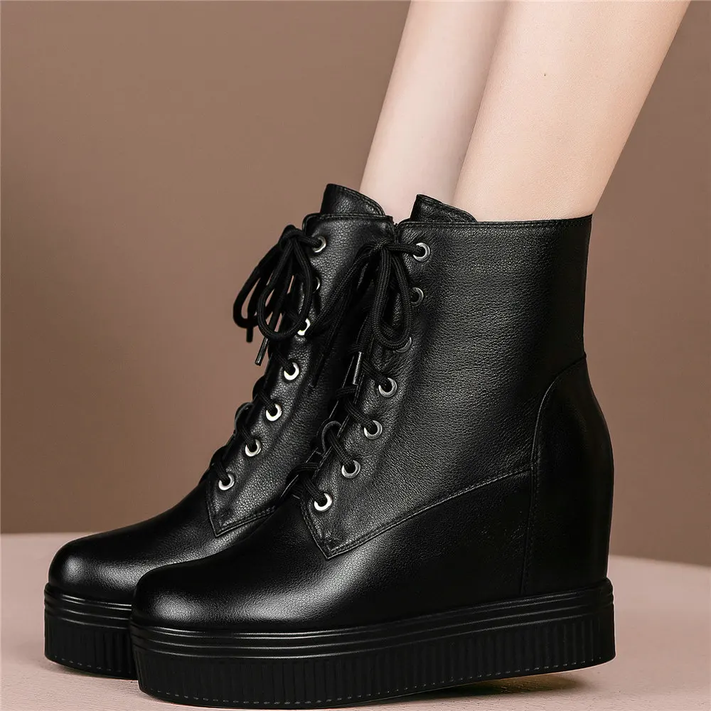 

Platform Oxfords Shoes Women Lace Up Genuine Leather Wedges High Heel Ankle Boots Female Round Toe Fashion Sneakers Casual Shoes