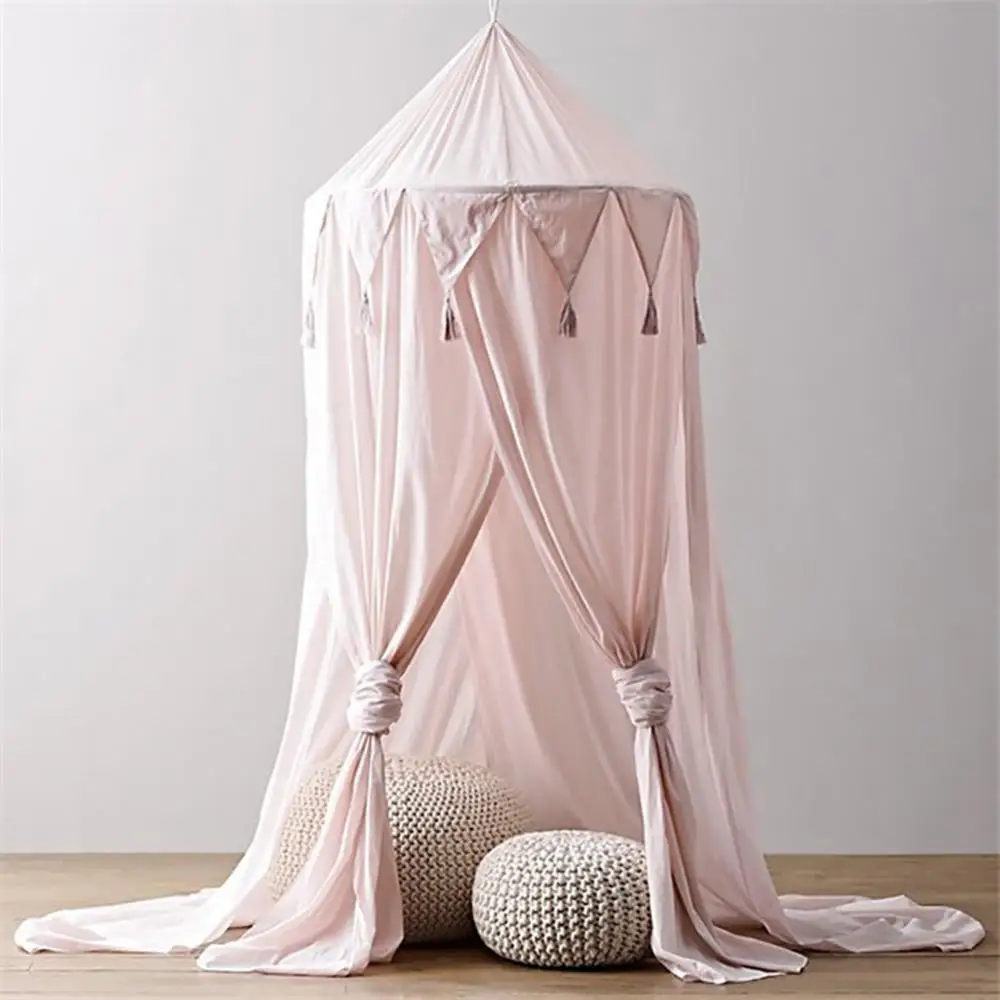 Kid Baby Solid Color Bed Canopy Triangle Tassel Edges Hanging Mosquito Net Tent