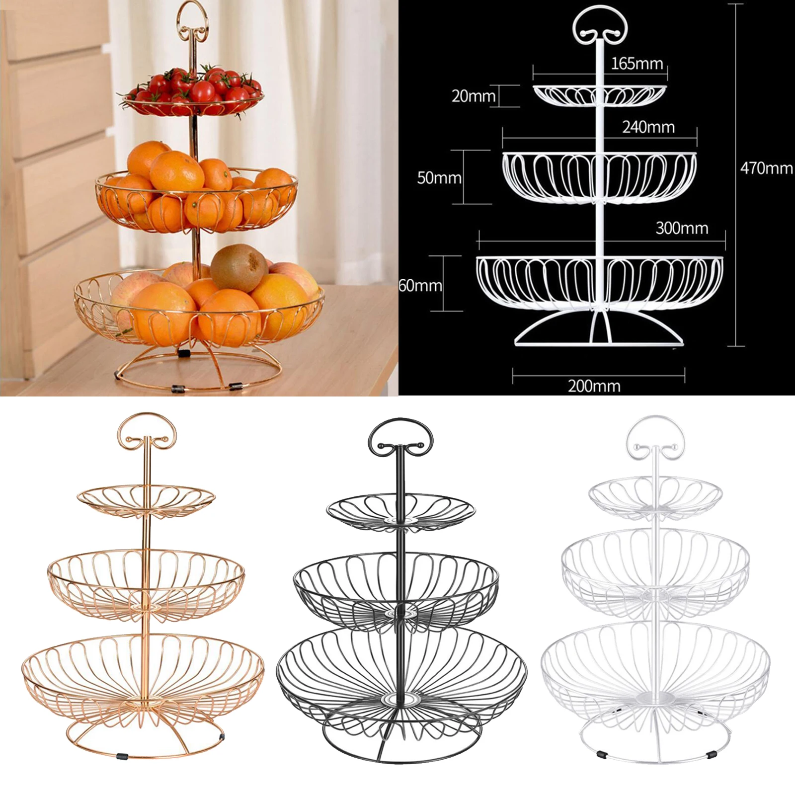 3 Tier Fruit Basket Iron Wire Bowl Stand Holder Storage Rack Stainless Steel Fruit Basket Stand for Kitchen Counter