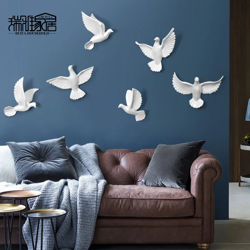 

6PCS European Resin Birds Wall Hanging Pigeon Crafts Decoration Home Livingroom Sofa TV Background 3D Wall Sticker Ornament Art