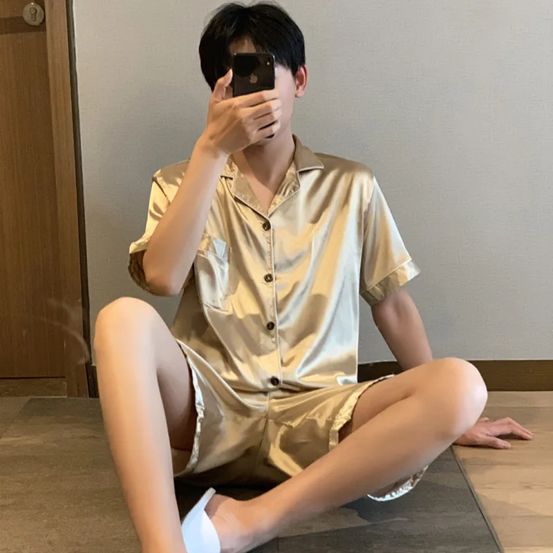 New Summer Men Satin Silk Pajamas Sets Korean Style of T-Shirt & Shorts Male Pijama Sleepwear Leisure Plus Size Home Clothing