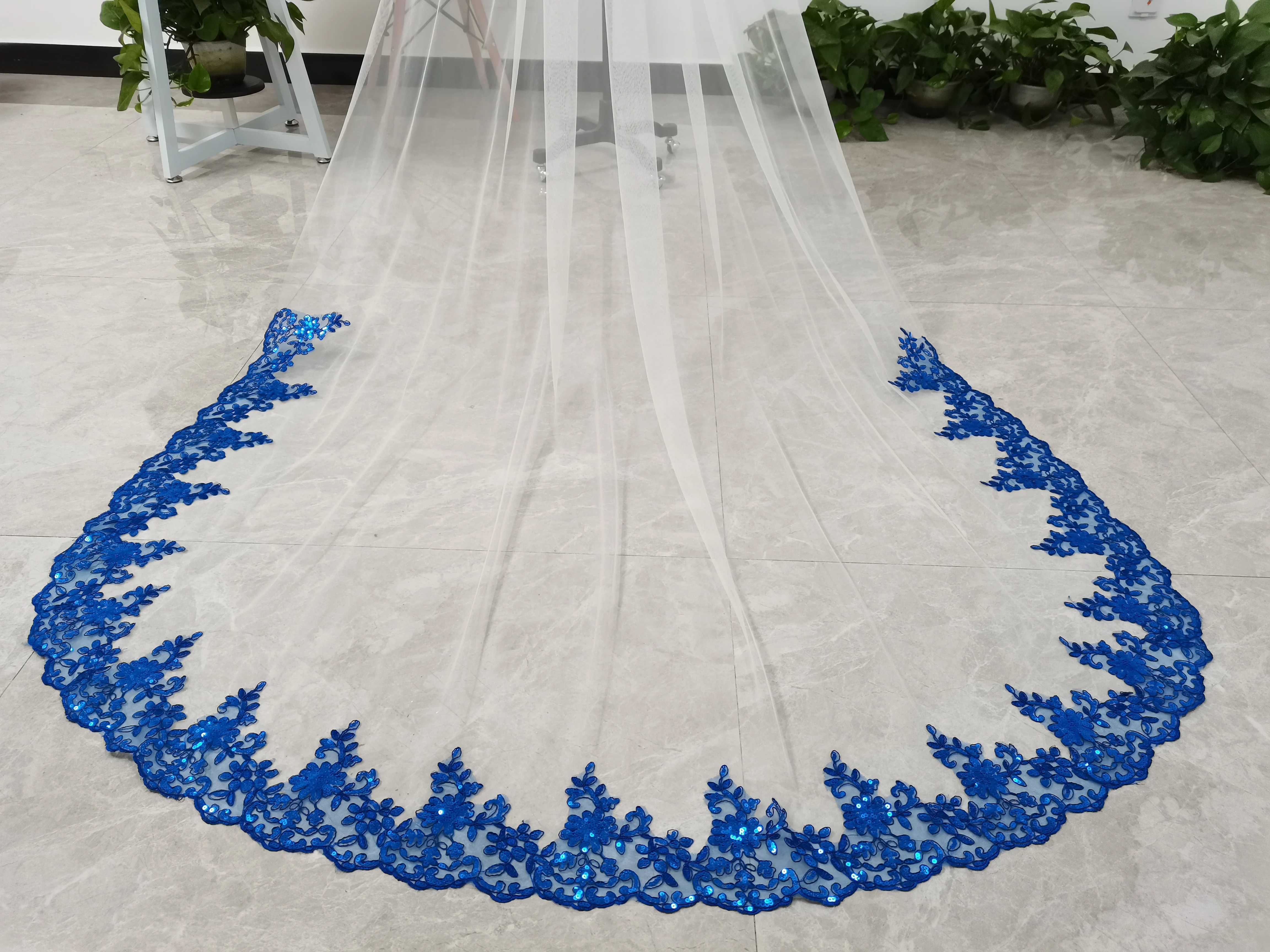 Voile de mariage en dentelle bleue à paillettes, une couche, avec peigne, pour la mariée