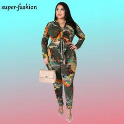 XL-5XL Plus Size Set Women Clothing 2022 Fall Fashion Ladies Tie Dye Long Sleeve Top Pants Suits 2 Two Pieces Outfit  Wholesale