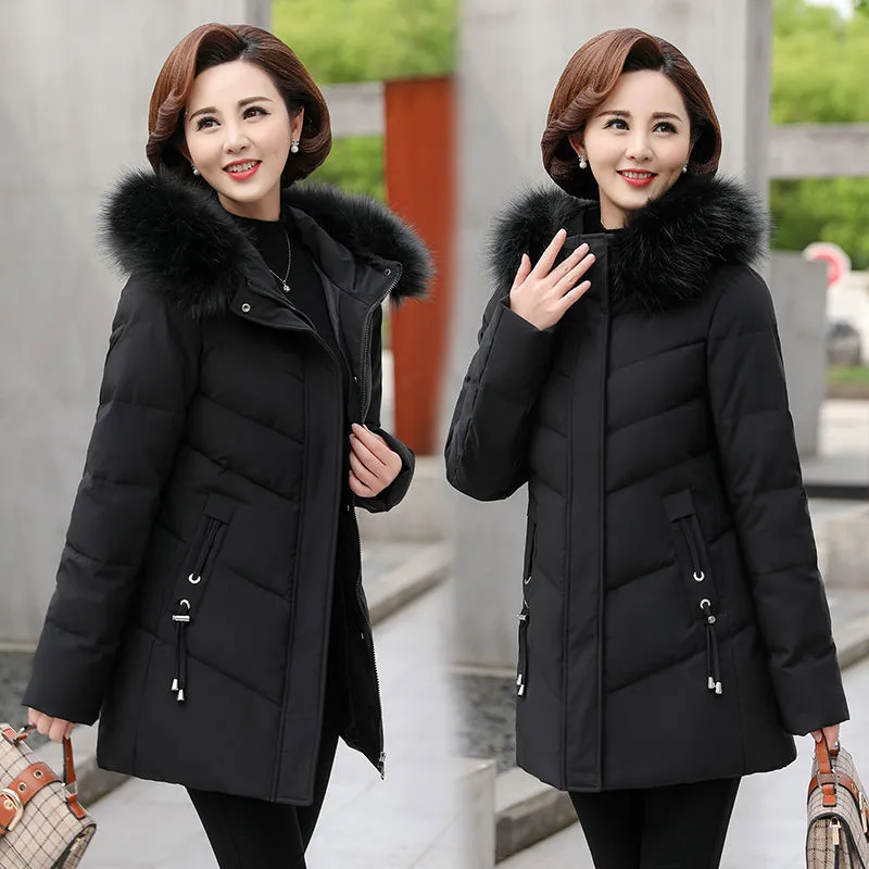 Middle Aged Female Down Cotton Jacket New Fashion Hooded Thick Warm Mid-length Outerwear Women Parkas Coat 5XL W2194