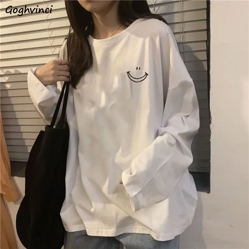 Long Sleeve T-shirts Women Spring Printed Harajuku Loose Korean Style All-match Streetwear Students Vintage Casual Simple Chic