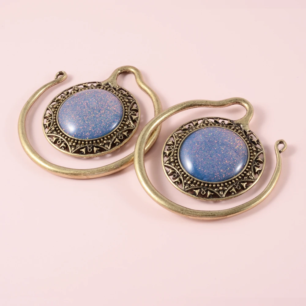 2pcs Solid Brass Stone Ear Weight Vintage Indian Tribal Style Hoop Earrings Lobe Piercings Gauges Expander Unisex Body Jewelry