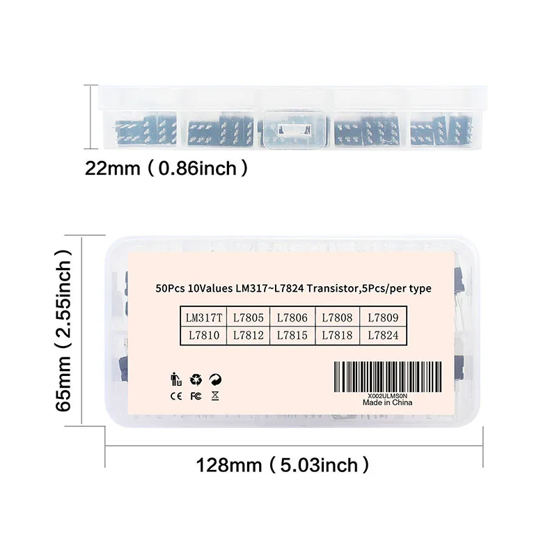 50pcs Linear Regulator Transistor Electronic Kit L7812 LM317T L7805 L7806 L7808 L7809 L7810 L7815 L7818 L7824 10 Value*5pcs