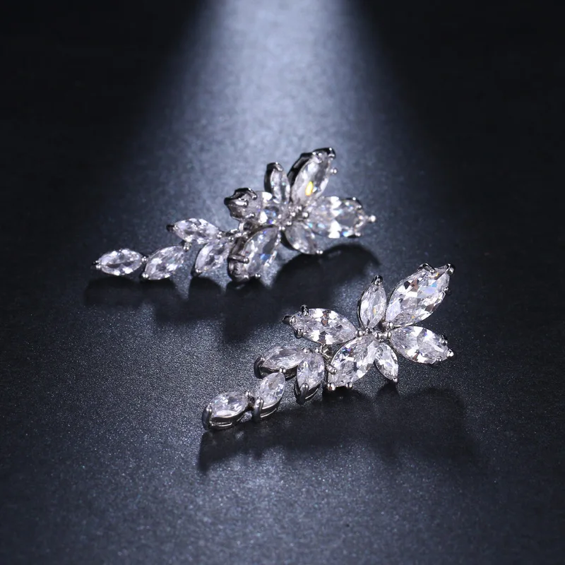 Ekopdee Luxury Flower Cubic Zirconia Earrings For Women Elegant Crystal Dangle Earrings Bridal Wedding Jewelry 2021 New