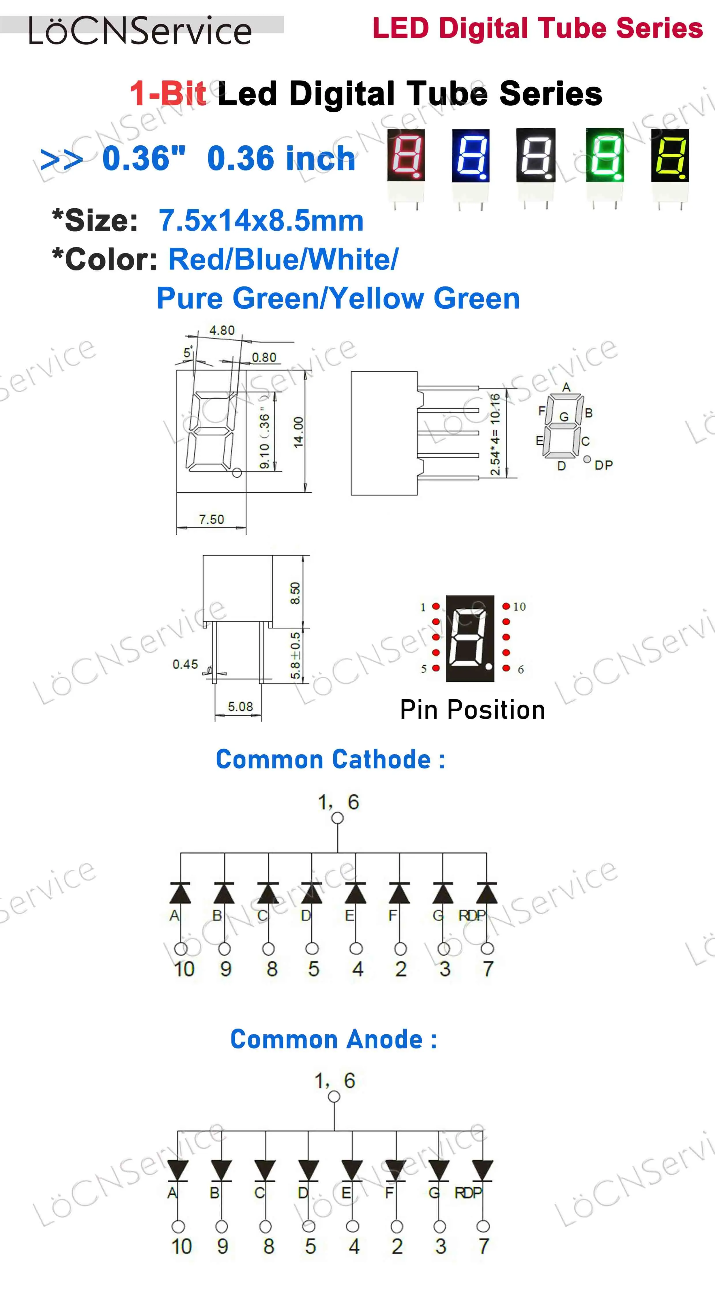 0.36นิ้วจอแสดงผล LED หลอดดิจิตอล1บิตสีแดงสีฟ้าบริสุทธิ์สีเหลืองสีเขียวสีขาวแคโทดทั่วไป Anode สูงนาฬิกา50PCS LoCN