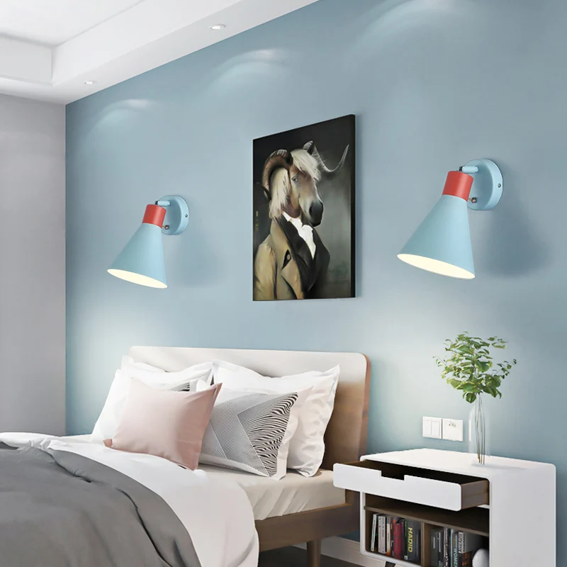 

Nordic wall lamp simple blue lamp body study living room bedroom bedside lamp macaron wall light LED E27 bulb Indoor lighting